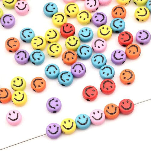Acrylic Beads, Flat, Round, Smiley Faces, Assorted, 7mm - BEADED CREATIONS