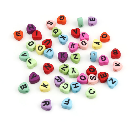 Acrylic Beads, Heart, Alphabet, Letter, Opaque, Mixed Colors, Assorted, A-Z, 7mm - BEADED CREATIONS