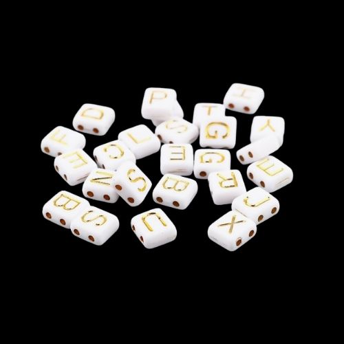 Acrylic Beads, Multi-Strand Links, Square, Alphabet, Letter, 2-Hole, White, Gold, Assorted, A-Z, 8mm - BEADED CREATIONS
