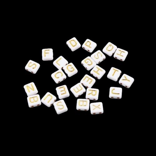 Acrylic Beads, Multi-Strand Links, Square, Alphabet, Letter, 2-Hole, White, Gold, Assorted, A-Z, 8mm - BEADED CREATIONS