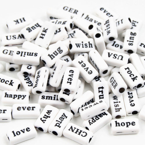 Acrylic Beads, Phrase Beads, Word Beads, Assorted, White With Black Letters, 7.5x15mm - BEADED CREATIONS