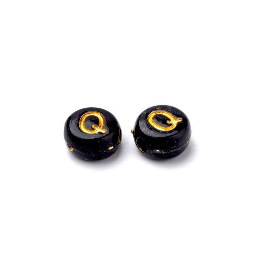 Acrylic Beads, Round, Alphabet, Letter, Opaque, Black, Gold, Assorted, A-Z, 7mm - BEADED CREATIONS
