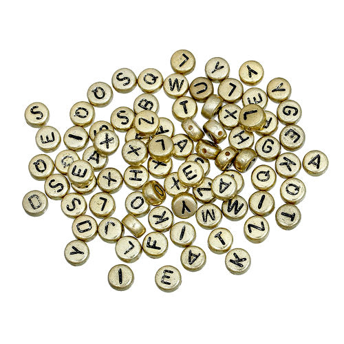 Acrylic Beads, Round, Alphabet, Letter, Opaque, Gold, Black, Assorted, A-Z, 7mm - BEADED CREATIONS