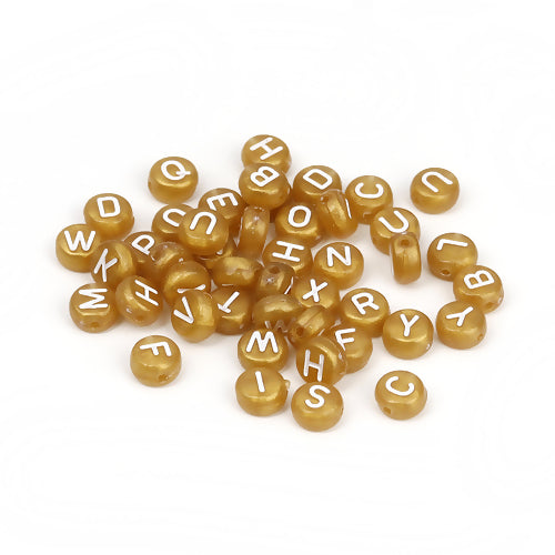 Acrylic Beads, Round, Alphabet, Letter, Opaque, Gold, White, Assorted, A-Z, 7mm - BEADED CREATIONS