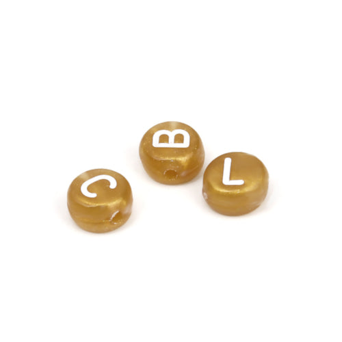 Acrylic Beads, Round, Alphabet, Letter, Opaque, Gold, White, Assorted, A-Z, 7mm - BEADED CREATIONS