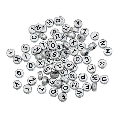 Acrylic Beads, Round, Alphabet, Letter, Opaque, Silver, Black, Assorted, A-Z, 7mm - BEADED CREATIONS