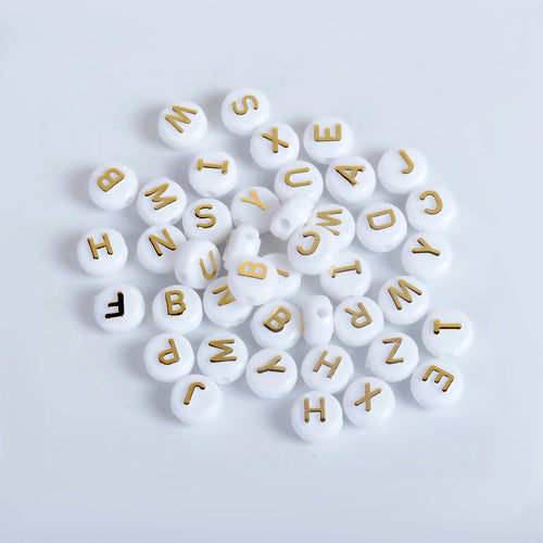 Acrylic Beads, Round, Alphabet, Letter, Opaque, White, Gold, Assorted, A-Z, 10mm - BEADED CREATIONS