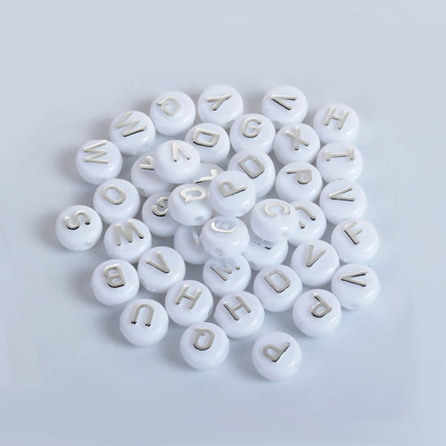 Acrylic Beads, Round, Alphabet, Letter, Opaque, White, Silver, Assorted, A-Z, 10mm - BEADED CREATIONS