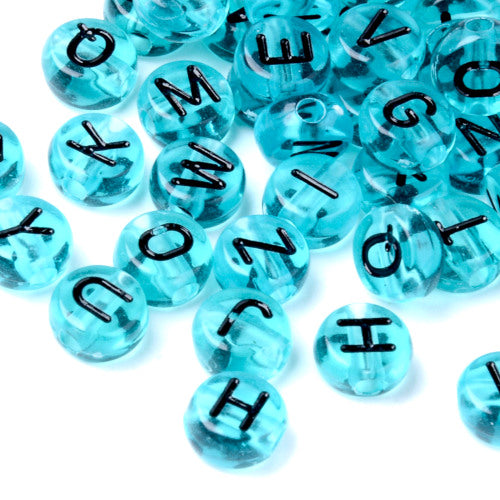 Acrylic Beads, Round, Alphabet, Letter, Transparent, Sky Blue, Black, Assorted, A-Z, 7mm - BEADED CREATIONS