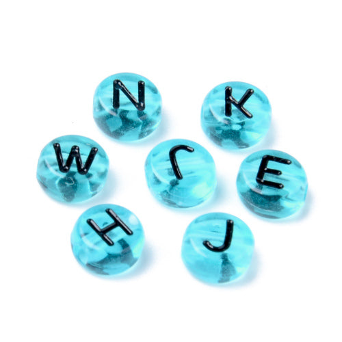 Acrylic Beads, Round, Alphabet, Letter, Transparent, Sky Blue, Black, Assorted, A-Z, 7mm - BEADED CREATIONS