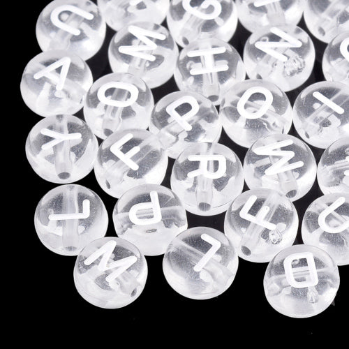 Acrylic Beads, Round, Alphabet, Letter, Transparent, White, Assorted, A-Z, 7mm - BEADED CREATIONS