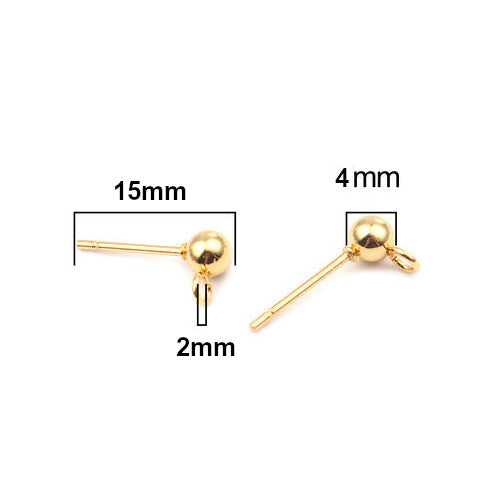 Ball Post Stud Earring Findings, 202 Stainless Steel, With 304 Stainless Steel Pins And Open Loop, Golden, 15x4mm - BEADED CREATIONS