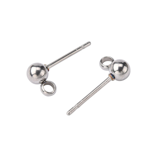 Ball Post Stud Earring Findings, 304 Stainless Steel, With Closed Loop, Silver Tone, 15x7mm - BEADED CREATIONS
