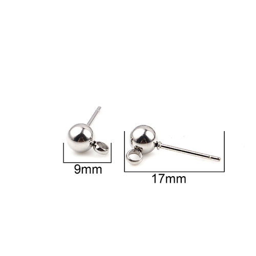 Ball Post Stud Earring Findings, 304 Stainless Steel, With Closed Loop, Silver Tone, 17x6mm - BEADED CREATIONS