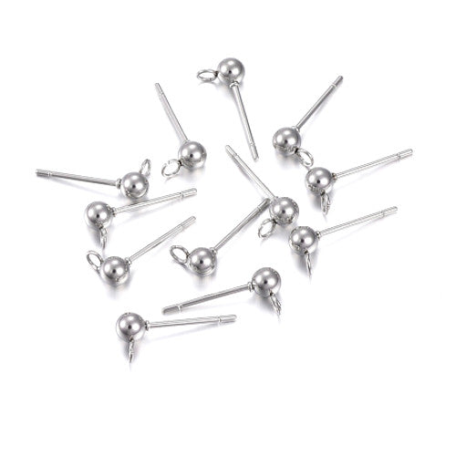 Ball Post Stud Earring Findings, 304 Stainless Steel, With Open Loop, Silver Tone, 16x4mm - BEADED CREATIONS