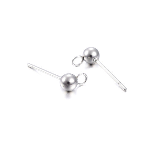 Ball Post Stud Earring Findings, 304 Stainless Steel, With Open Loop, Silver Tone, 16x4mm - BEADED CREATIONS