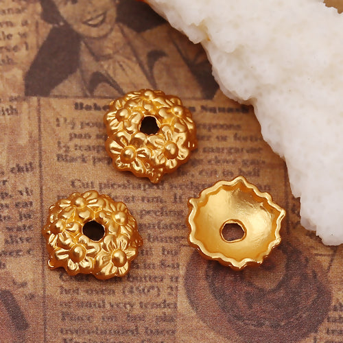 Bead Caps, Flower Design, 11x10mm, Round, Matt Gold, Fits 12mm Beads. Sold Individually - BEADED CREATIONS