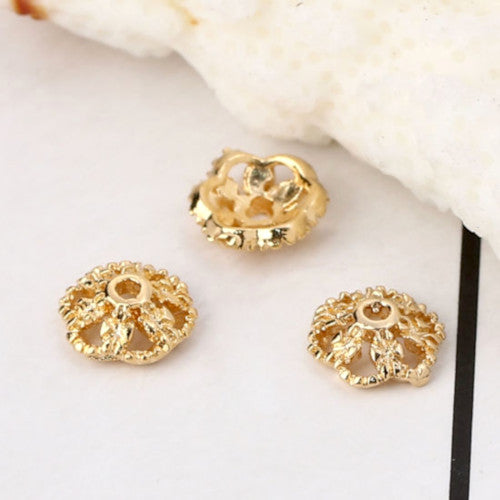 Bead Caps, Flower, 18K Gold Plated, Copper, 7mm, Fits Beads Size 8mm - BEADED CREATIONS