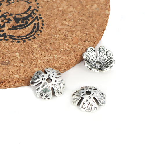 Bead Caps, Flower, Hammered, Antique Silver, Fits 14mm Beads, 14x14mm - BEADED CREATIONS