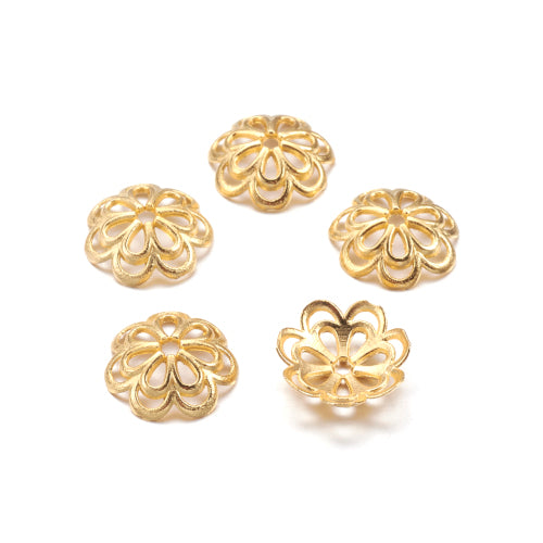 Bead Caps, Round, Fancy, Open Work, Flower, Gold Plated, Alloy, 14x4mm - BEADED CREATIONS