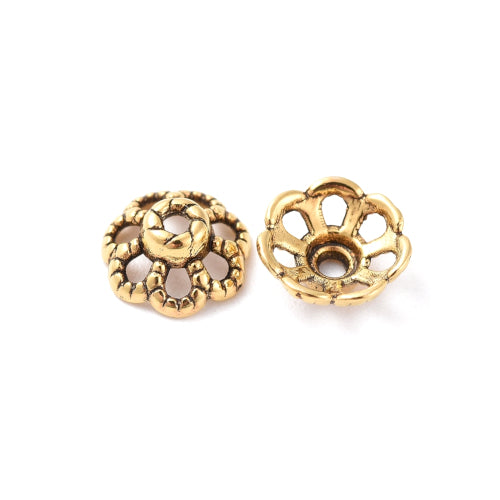 Bead Caps, Tibetan Style, Flower, With Cutout Design, Antique Gold, Alloy, 9mm - BEADED CREATIONS
