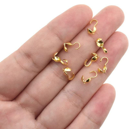 Bead Tips, Gold Plated, Alloy, Clamshell, Knot Covers, Bottom Clamp-On With Open Loop, 9mm - BEADED CREATIONS