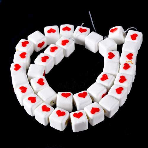 Beads, Ceramic, Handmade, Porcelain, Glazed, Cube With Heart, White, Red, 9mm - BEADED CREATIONS