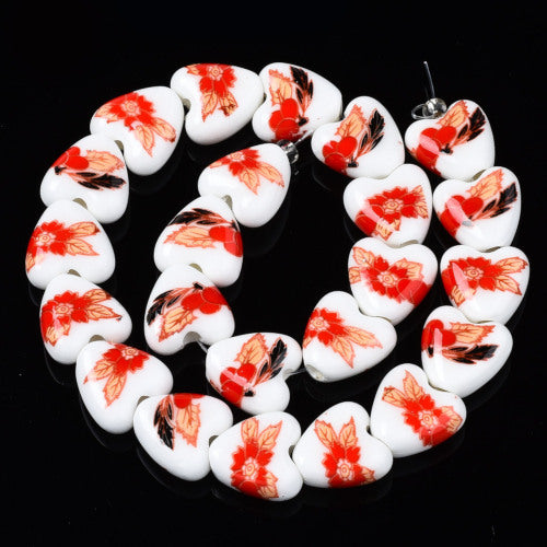 Beads, Ceramic, Heart, Red, Floral Printed, 15mm - BEADED CREATIONS