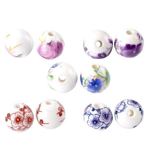 Beads, Ceramic, Round, Assorted, White, Floral, 12mm - BEADED CREATIONS