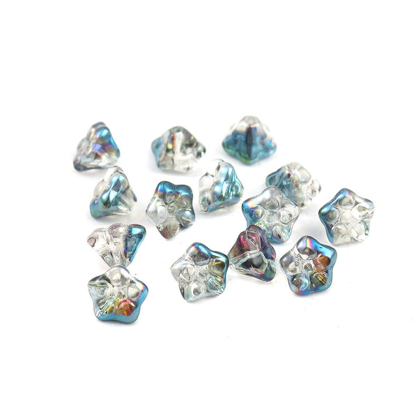 Beads, Czech Glass, Flower, Opaque, Blue, AB, Half Coated, 8mm - BEADED CREATIONS