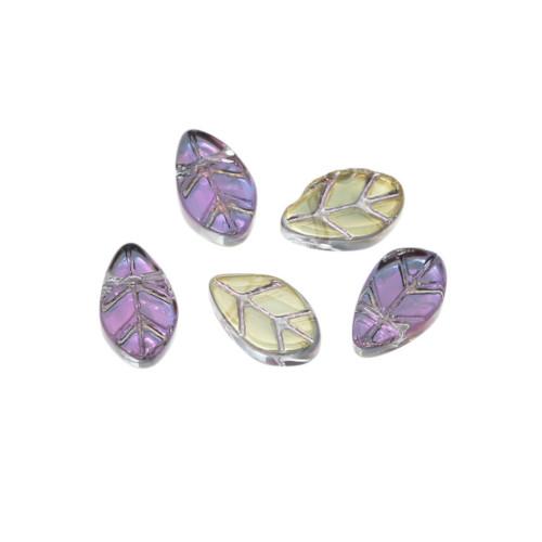 Beads, Czech Glass, Leaf, Top Drilled, Translucent, Golden, Lilac, AB, 11mm - BEADED CREATIONS