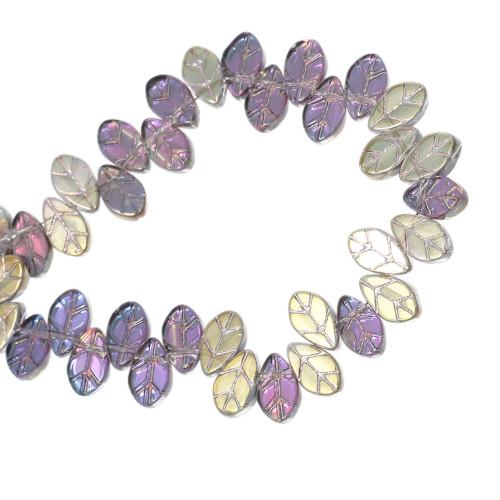 Beads, Czech Glass, Leaf, Top Drilled, Translucent, Golden, Lilac, AB, 11mm - BEADED CREATIONS