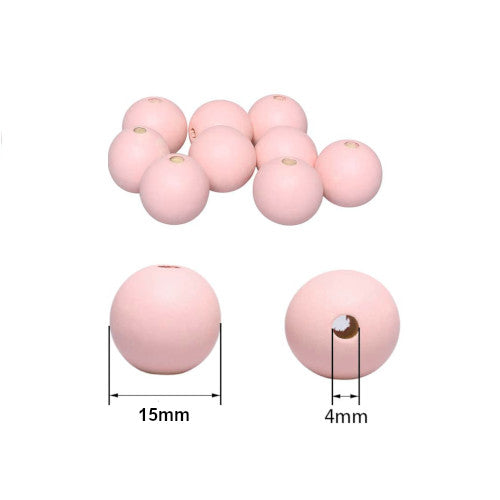 Beads, Wood, Natural, Round, Light Pink, Painted, 15mm - BEADED CREATIONS