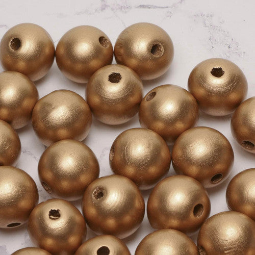 Beads, Wood, Natural, Round, Metallic, Antique Gold, Painted, 15mm - BEADED CREATIONS