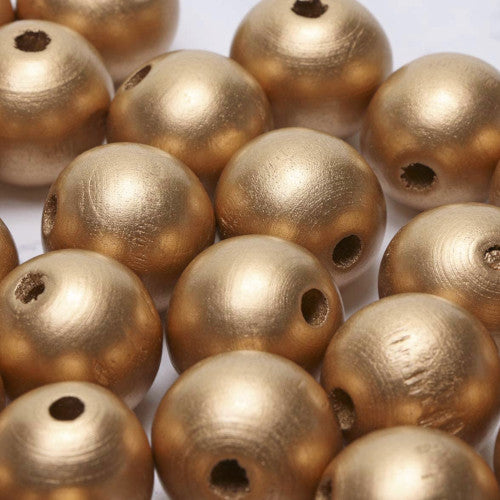 Beads, Wood, Natural, Round, Metallic, Antique Gold, Painted, 15mm - BEADED CREATIONS