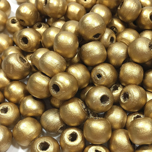 Beads, Wood, Natural, Round, Painted, Metallic Gold, 10mm - BEADED CREATIONS
