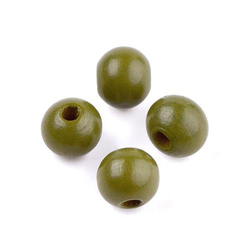 Beads, Wood, Natural, Round, Painted, Olive Green, 10mm - BEADED CREATIONS