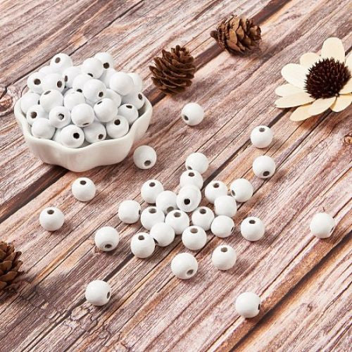 Beads, Wood, Natural, Round, Painted, White, 12mm - BEADED CREATIONS