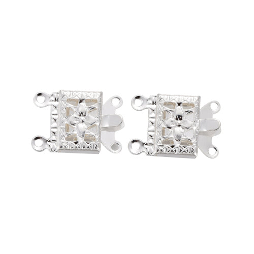 Box Clasps, 304 Stainless Steel, Rectangle, With Flower Design, 2-Strand Tab, Silver Plated, 15x10mm - BEADED CREATIONS