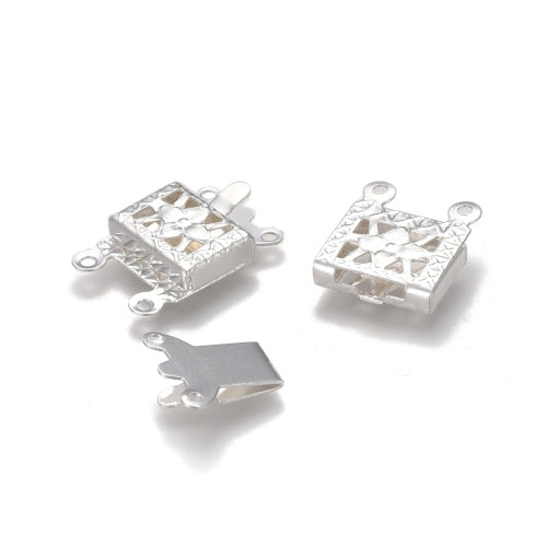 Box Clasps, 304 Stainless Steel, Rectangle, With Flower Design, 2-Strand Tab, Silver Plated, 15x10mm - BEADED CREATIONS