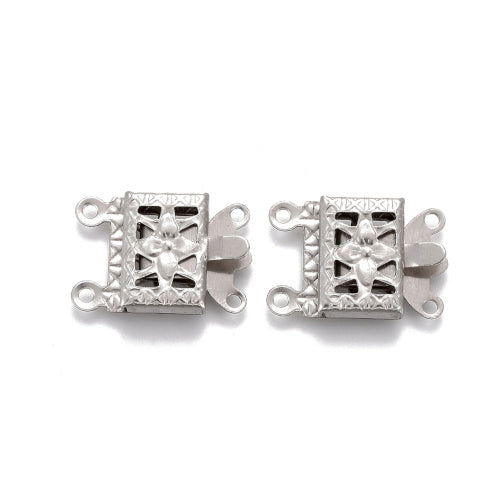 Box Clasps, 304 Stainless Steel, Rectangle, With Flower Design, 2-Strand Tab, Silver Tone, 15x10mm - BEADED CREATIONS