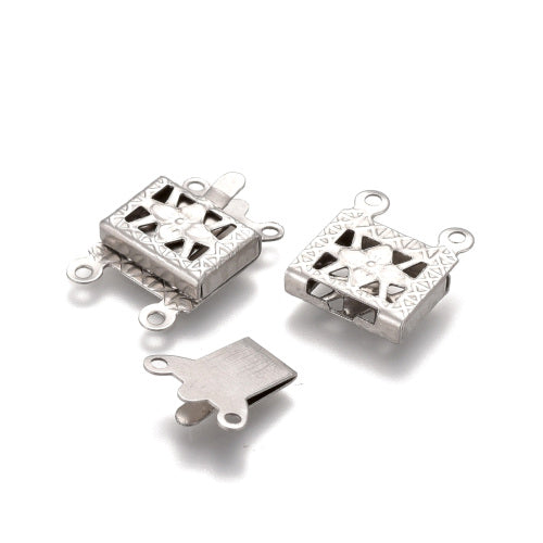 Box Clasps, 304 Stainless Steel, Rectangle, With Flower Design, 2-Strand Tab, Silver Tone, 15x10mm - BEADED CREATIONS
