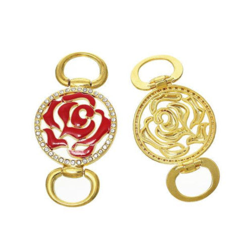 Bracelet Links, Floral, Red, Enamel, Crystals, Gold Plated, 68mm - BEADED CREATIONS