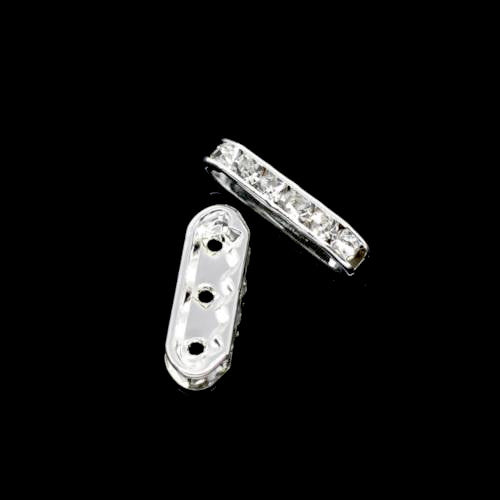 Bridge Spacer Beads, Rhombus, With Clear Crystals, Silver Plated, 18mm - BEADED CREATIONS