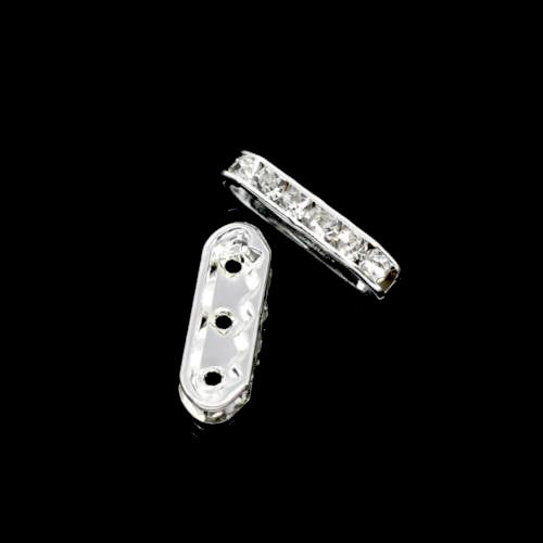 Bridge Spacer Beads, Rhombus, With Clear Crystals, Silver Plated, 21mm - BEADED CREATIONS