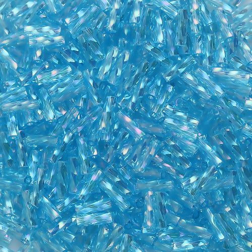 Bugle Beads, Dyna-Mites™, Glass, Transparent, Blue, AB, Rainbow, 6mm, Twisted - BEADED CREATIONS