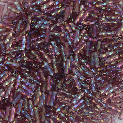 Bugle Beads, Dyna-Mites™, Glass, Transparent, Lilac, AB, Rainbow, 6mm, Twisted - BEADED CREATIONS