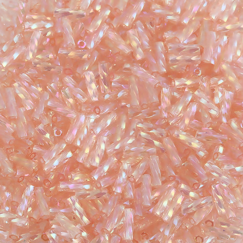 Bugle Beads, Dyna-Mites™, Glass, Transparent, Peach Pink, AB, Rainbow, 6mm, Twisted - BEADED CREATIONS
