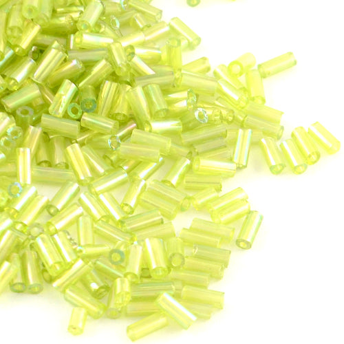 Bugle Beads, Glass, AB Color Plated, Transparent, Rainbow, Chartreuse, 4-4.5mm - BEADED CREATIONS