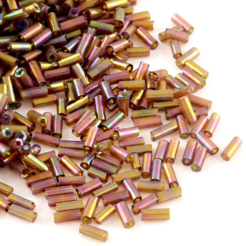 Bugle Beads, Glass, AB Color Plated, Transparent, Rainbow, Indian Red, 4-4.5mm - BEADED CREATIONS